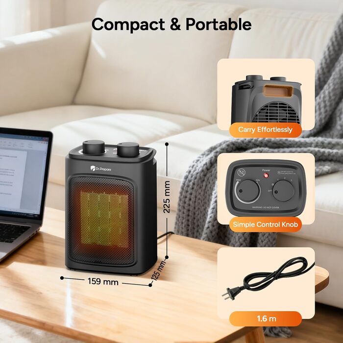 Невеликий електричний обігрівач, 1500 Вт з термостатом, 3 режими нагріву, швидкий нагрів PTC, портативний електричний обігрівач із тихим захистом безпеки для офісу, спальні, гаража, дому та з поворотною ручкою