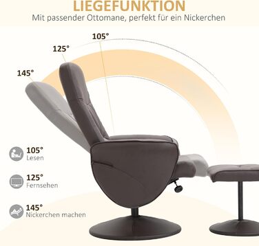 Крісло-реклайнер HOMCOM з підніжкою, поворотне на 360 крісло для телевізора з функцією відкидання, крісло для телевізора для вітальні, спальні, штучна шкіра, коричневий колір