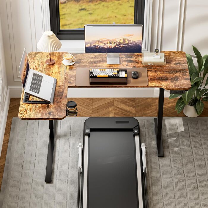 Кутовий стіл, регульований по висоті, L-подібний, 150 x 100 см, електричне регулювання висоти, ергономічний стіл з підставками для чашок та гачками, міцний офісний стіл, коричневий, L-подібний, 59