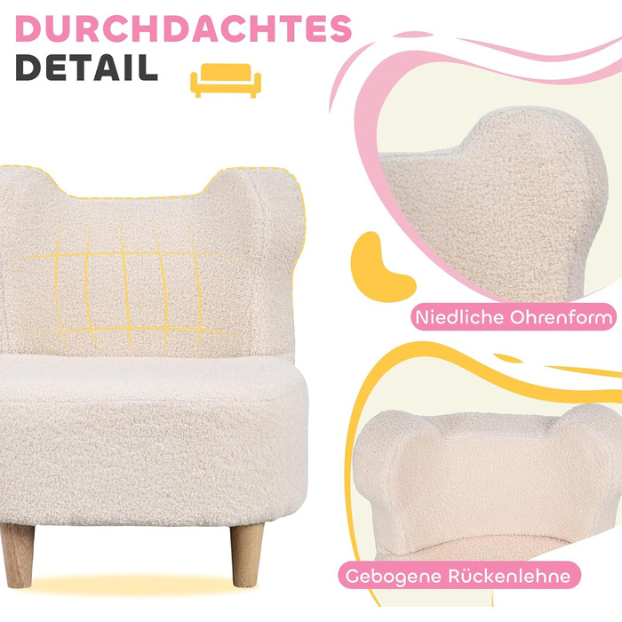 Дитяче крісло/диван AIYAPLAY з імітацією флісу, у формі ведмедика, ніжки з масиву дерева, дитячий стілець для дитячої кімнати, ігрової кімнати, 47 x 43 x 53 см, для дітей 1,5-3 років, бежевий