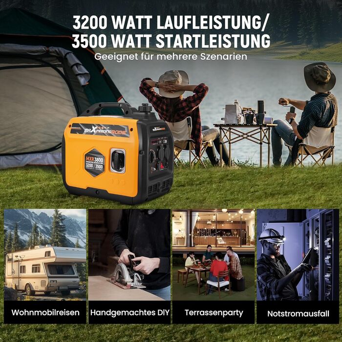 Інверторний генератор maXpeedingrods 3500 Вт, надзвичайно тихий, легкий та портативний бензиновий аварійний генератор, режим ECO з 2 розетками 230 В / 2 USB / 1 розеткою 12 В постійного струму для кемпінгу, фестивалів та подорожей у кемперах, MXR3800