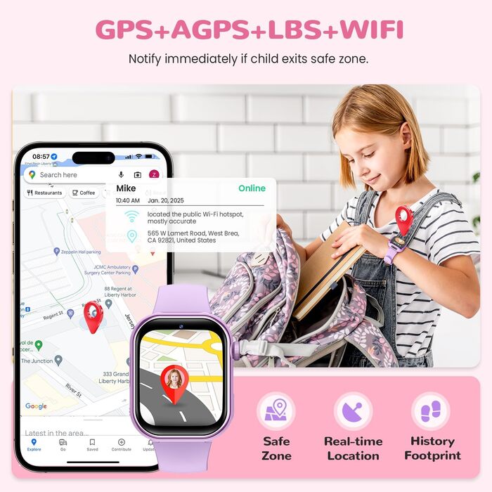 Розумний годинник RUXINGX 4G для дітей з GPS та телефонними дзвінками, дитячий годинник із водонепроникністю IP68, подвійним переглядом, голосовим чатом, ліхтариком, шкільним режимом, крокоміром, будильником для хлопчиків та дівчаток, фіолетовий