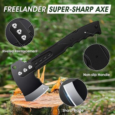 Універсальний туристичний сокира-ніж Freelander 5-в-1 з пилкою, піхвами та свистком, 34 см, для кемпінгу, походів та виживання, чорний
