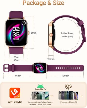 Розумний годинник для чоловіків та жінок з функцією телефону, фітнес-годинник 1,85 дюйма, понад 100 спортивних режимів, фітнес-трекер з моніторингом серцевого ритму/SpO2/сну, крокомір, водонепроникний спортивний годинник IP68 для iOS та Android, фіолетови