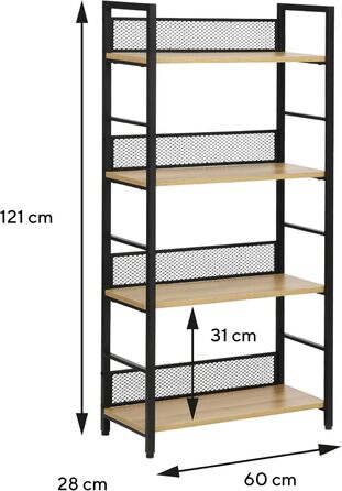 Книжкова полиця, Окремостояча полиця, 4 полиці, Промисловий дизайн, 1260x28 см Дерево/Чорний 4dc, 4