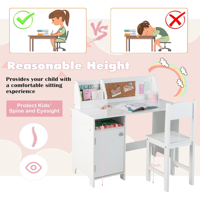 Дитяча парта LIFEZEAL з дерев'яним стільцем, навчальний стіл з відсіком для зберігання та дошкою, дитяча сидяча група від 3 років,