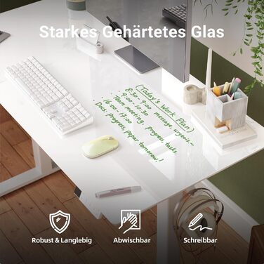 Стіл Claiks з регульованою висотою та скляною стільницею 120 x 60 см, електрично регульований, меблі для домашнього офісу, комп&39ютерний стіл, сучасний обідній стіл, стабільність та дизайн 120 x 60 см, супер білий