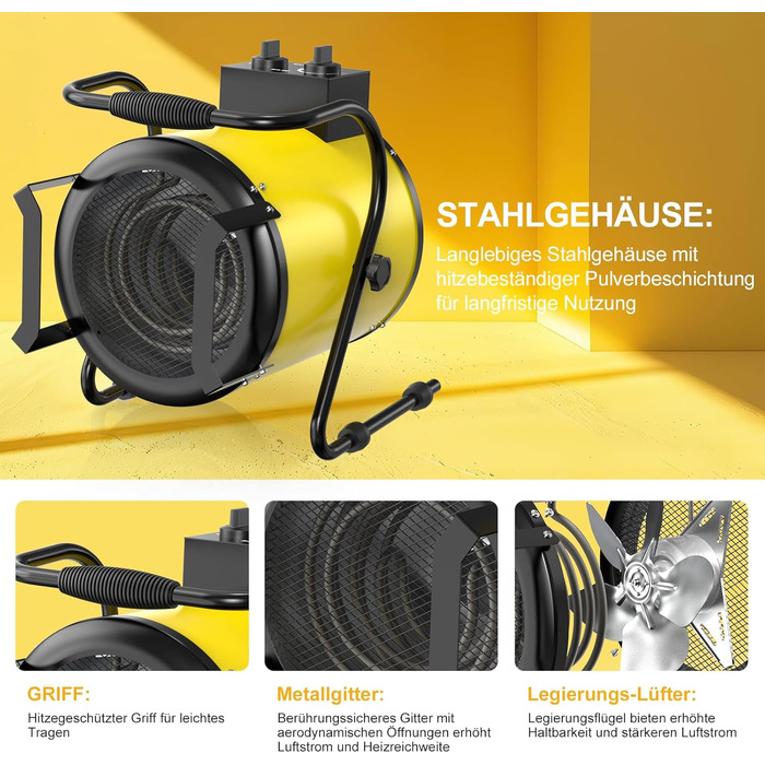 Промисловий обігрівач з вентилятором потужністю 5000 Вт для великих приміщень з термостатом та 3 режимами нагріву, будівельний обігрівач, сушарка для будівель, вентилятор з портативною ручкою для гаража, будівельного майданчика