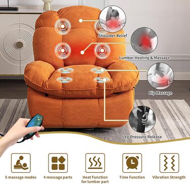Електричне масажне крісло-реклайнер ALEAVIC з підігрівом та вібрацією, 1 бічна кишеня, порти типу C та USB, крісло-реклайнер для вітальні (помаранчеве)