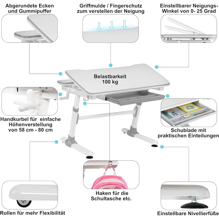 Комплект HOKO Ergo-Study-Table COMPAKT, JoJo & LUBU. Регульована по висоті дитяча парта з регульованою по нахилу стільницею та тум