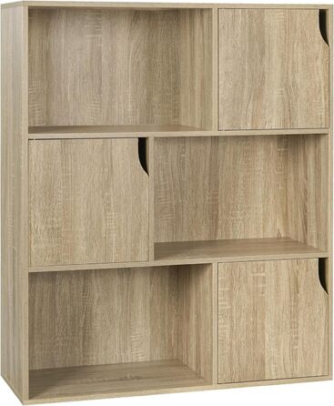 Книжкова полиця eSituro, стояча полиця з 3 дверцятами та 9 відділеннями, кубічна полиця, полиця для дитячого офісу, окремостояча полиця для вітальні, спальні, світлий дуб
