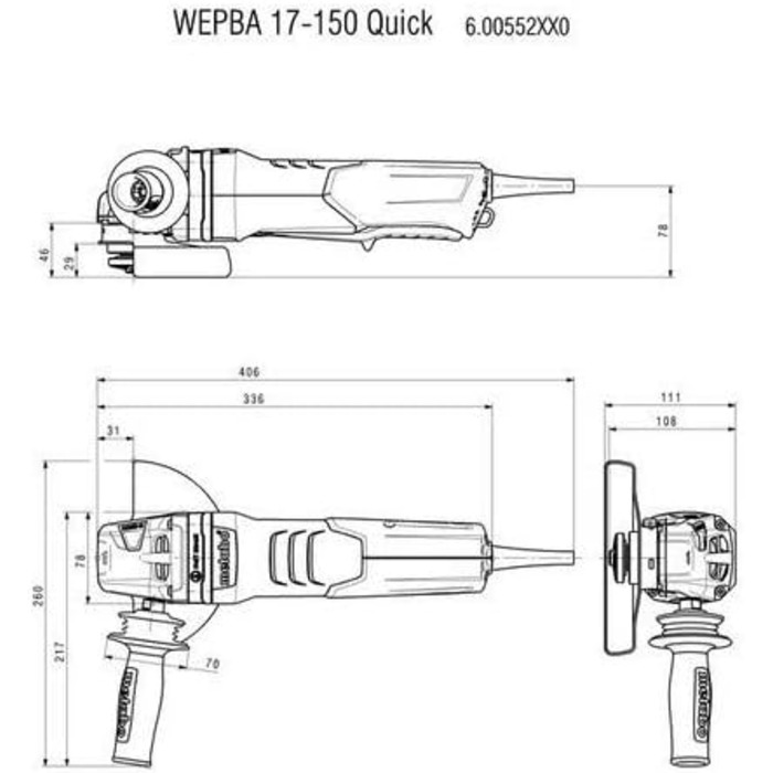 Кутова шліфувальна машина Metabo WEPBA 17-150 Quick (600552000) Картонна коробка, 1700 Вт, Ø диска 150 мм, швидкість холостого ход