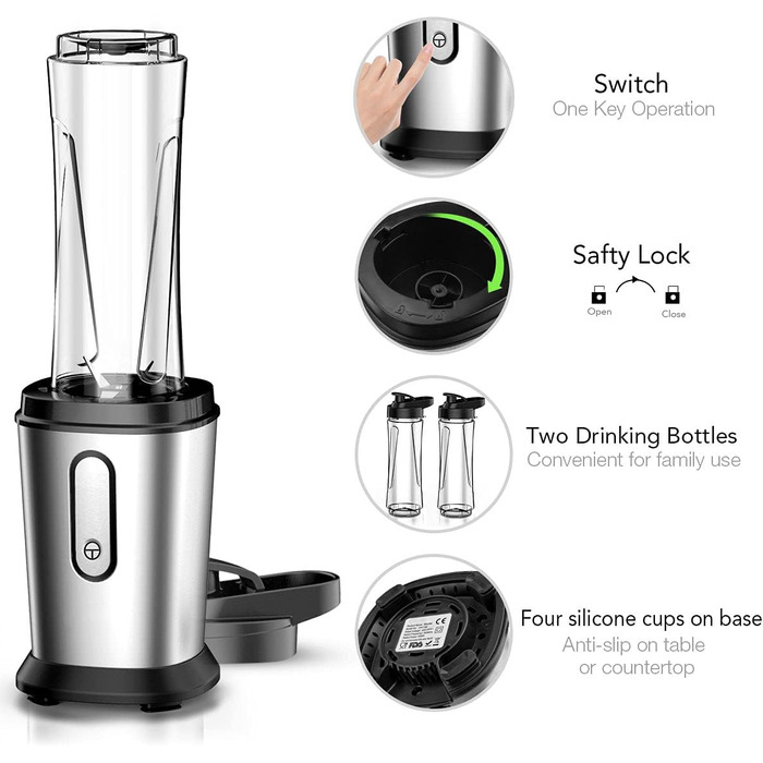 Блендер, 500 Вт міні-блендер та смузі-мейкер з пляшками 2х600 мл без вмісту BPA Tritan, портативний блендер смузі-мейкер з нержаві