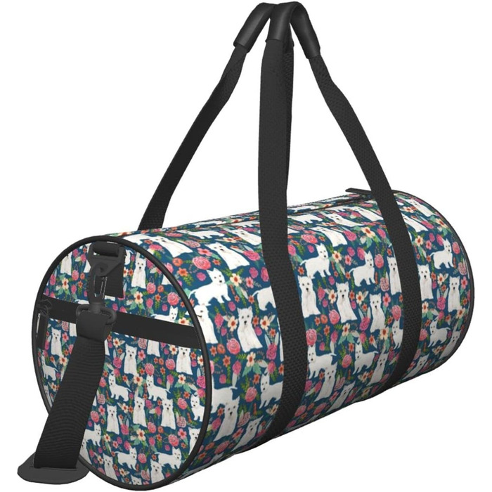 Дорожня сумка-циліндр з білим песиком та квітами, спортивна сумка для чоловіків та жінок, сумка для подорожей, спортивна сумка