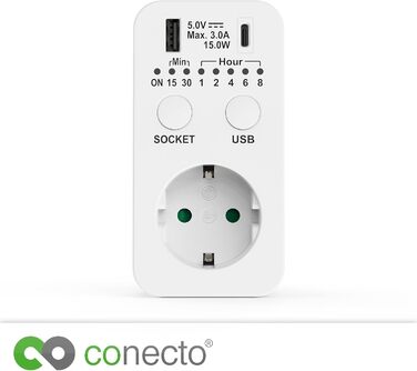 Таймер розетки conecto, розетка зворотного відліку, таймер 230 В, розетка таймера USB і USB-C, розетка програмованого таймера, 2300 Вт, білий