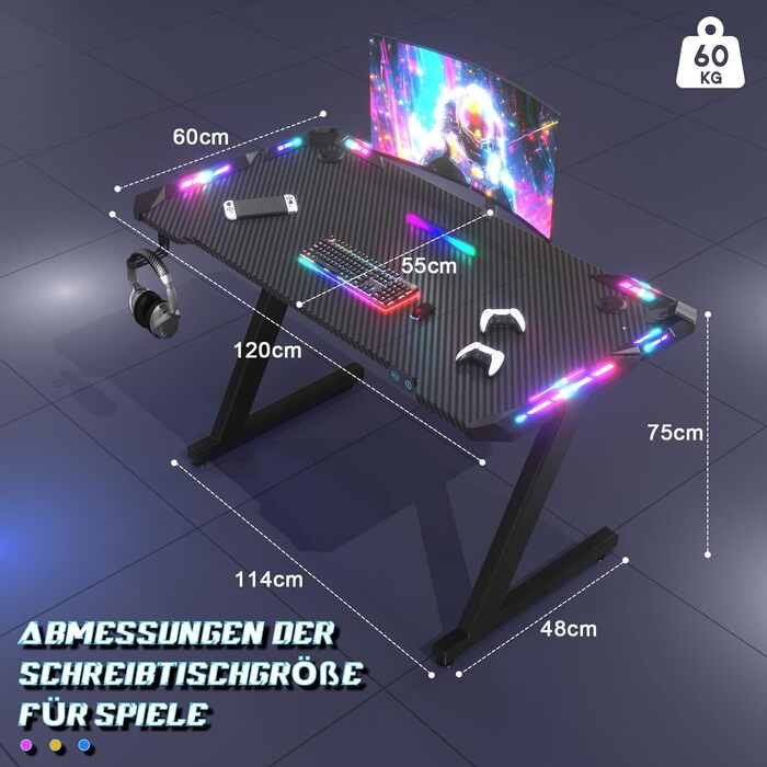 Ігровий стіл JUMMICO зі світлодіодним освітленням, ігровий стіл RGB, міцний комп&39ютерний стіл для домашнього офісу та геймерів, ігровий стіл з тримачем для навушників та підсклянником, 120 x 60 см, чорний 120x60см