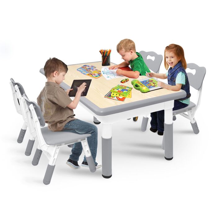Дитячий стіл 120x60 см з 4 стільцями, комплект дитячих сидінь з регульованою висотою для дітей віком 2-10 років, дерев&39яний дитячий стіл та стільці, ідеально підходить для дитячого садка, класу та дому, сірий