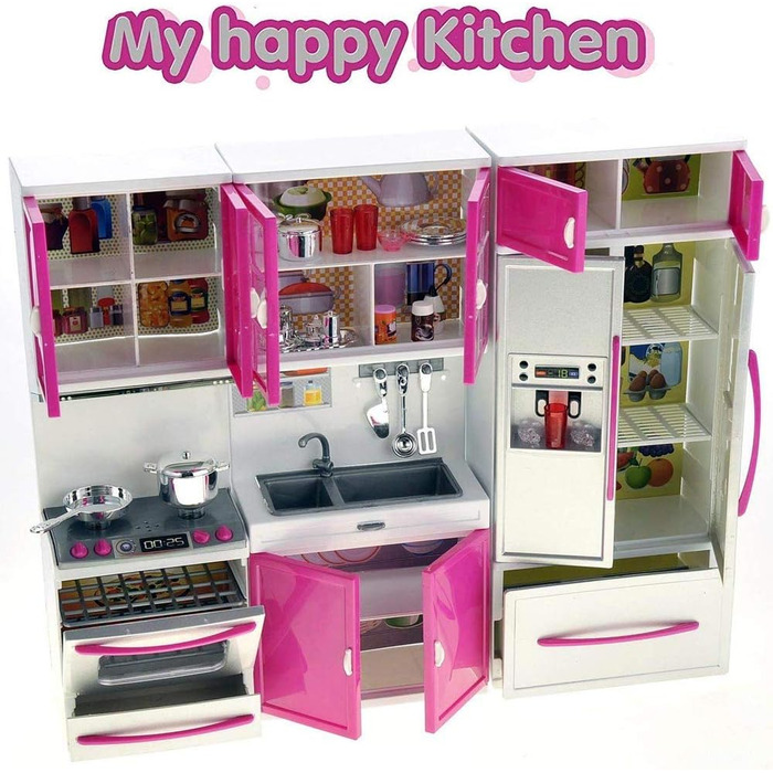 Іграшкові меблі для лялькової кухні, ляльковий будиночок для дітей, реалістичне світло та звуки з робочою варильною поверхнею, духовкою, раковиною, дверцятами холодильника та безліччю аксесуарів, іграшка 40 x 30 см