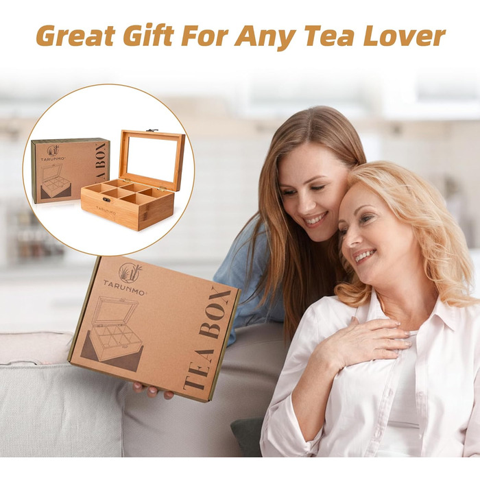 Чайна коробка, бамбук, 6 відділень, чайна скринька з оглядовим віконцем, органайзер для чайних пакетиків, ВxШxГ приблизно 22 x 16 x 9 см, натуральний колір, (1-221609)