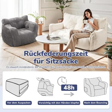 Крісло-мішок Pamapic для дорослих, наповнене крісло-мішок з портативною ручкою, сучасне ергономічне крісло-мішок, крісло-мішок для приміщень для вітальні, спальні, ігрової кімнати, бежевий 70Г x 80Ш x 55В см