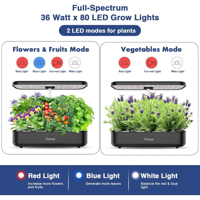 Гідропонна система вирощування Yoocaa 12, садовий набір для кімнатних трав зі світлодіодним освітленням, розумний сад для дому, кухні, набір для пророщування з автоматичним таймером, сірий (чорний)