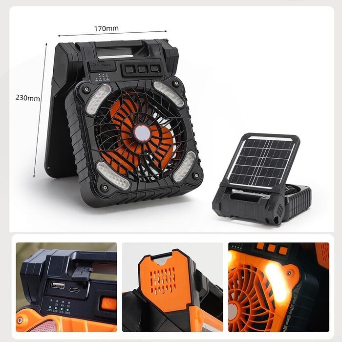 Портативний кемпінговий вентилятор на сонячній енергії та світлодіодний ліхтар з акумулятором ємністю 5200 мАг для пригод на свіжому повітрі
