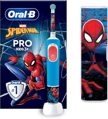 Електрична зубна щітка Oral-B Pro Kids Spiderman, дитяча від 3 років, включно з режимом Sensitive для догляду за зубами, надзвичайно мяка щетина, 1 насадка для щітки, 1 дорожній футляр, 4 наклейки, синій/червоний.