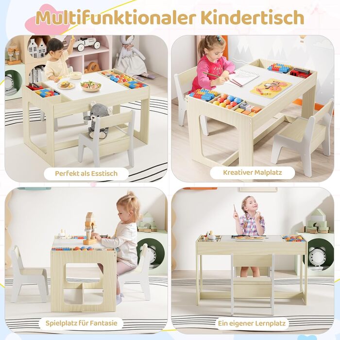 Дитячий комплект сидіння MAMIZO з місцем для зберігання, дитячий стіл з 2 стільцями, комплект дитячого столу та стільців з двосторонньою стільницею, дитячий стіл для дитячих кімнат та дитячих садків, вік 3, колір дерева з білим