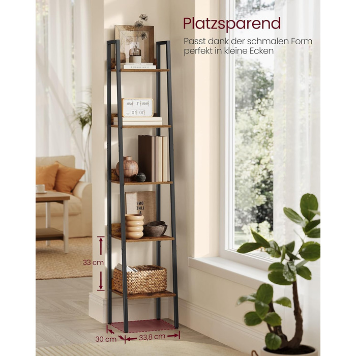 Книжкова полиця VASAGLE, драбина, 5 ярусів, вузька полиця, відкрита окремостояча полиця для кабінету, вітальні, спальні, кухні, промисловий дизайн, вінтажний коричневий-чорний LLS109B01 Вінтажний коричневий чорний 5 полиць (30 x 33,8 x 170 см)