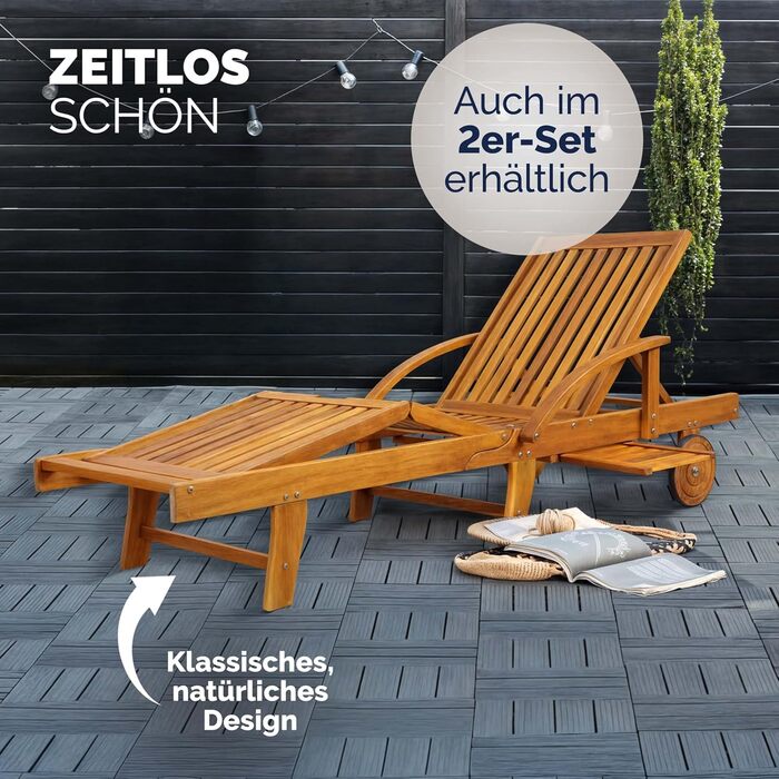 Складаний шезлонг Casaria, всепогодний дерев&39яний садовий шезлонг, вантажопідйомність 160 кг, з 2 колесами, столом для зберігання, регульованою спинкою та підставкою для ніг, 196 см