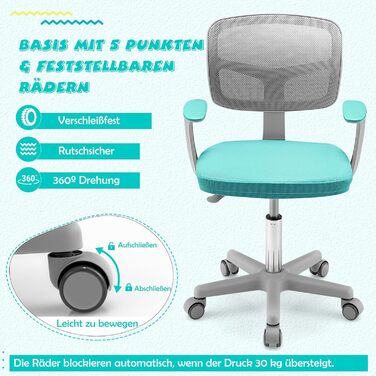 Дитяче офісне крісло GOPLUS, регульоване по висоті обертове крісло, висота сидіння 40-54 см, дитяче офісне крісло зі спинкою, знімна подушка сидіння, ергономічне обертове крісло для дітей 3-10 років (бірюзове)