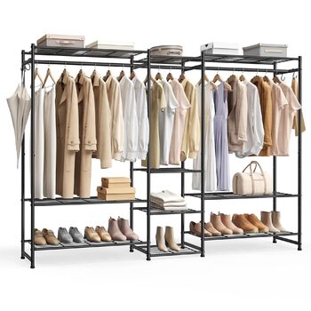 Вішалка для одягу SONGMICS, Відкрита шафа, Вішалка для пальто з 10 полицями, 3 вішалки для одягу, 4 S-подібних гачки, Металевий каркас, для спальні, вітальні, вхідної зони, Чорний LGR011BZ01 206.4W см