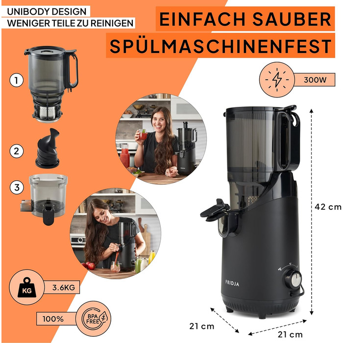 Потужні соковижималки для цілих фруктів Slow Juicer, жолоб подачі 135 мм, 300 Вт, сік холодного віджиму, горіхове молоко, шнекова соковижималка Fridja F2500