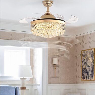 Тихий вентиляторний світильник Кришталевий стельовий вентилятор з пультом дистанційного керування Сучасна висувна стельова люстра