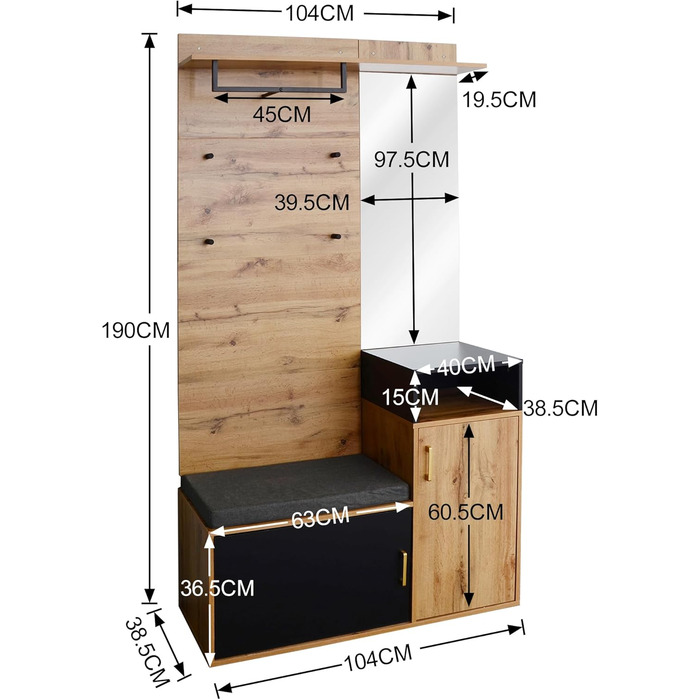 Набір вішалок для одягу Ymkua настінна вішалка, набір вішалок для передпокою з підставкою для взуття, дзеркалом і подушками, набір