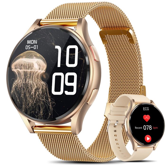 Жіночий смарт-годинник з ЕКГВСР/годинником заряду батареї/тиском батареї/ІМТ/сечовою кислотою, круглий 1,43-дюймовий AMOLED годинник для здоров&39я з функцією телефону, 24-годинний монітор серцевого ритму, монітор сну, фітнес-трекер менструального циклу, 