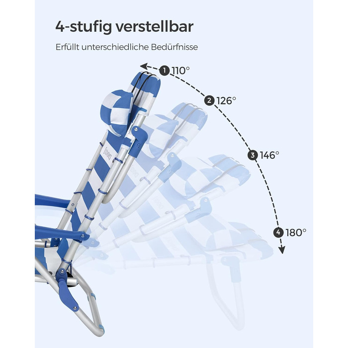 Пляжне крісло SONGMICS, кемпінгове крісло, складне, з плечовим ременем, регульованою спинкою, підголівником, підлокітником, 2 бічними кишенями, синьо-біле GCB62BU синій білий.