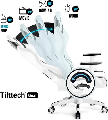 Геймерське крісло Diablo X-Horn 2.0, офісне крісло, геймерське крісло, стільці з 3D-підлокітниками, ергономічний дизайн, подушка для шиї/світлова подушка, штучна шкіра, функція гойдання, білий розмір King (XL)