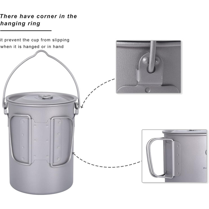Безмежна подорож Титанова підвісна чашка 900 мл зі складною ручкою Відкритий кемпінг Туристичний горщик для приготування їжі Ультр