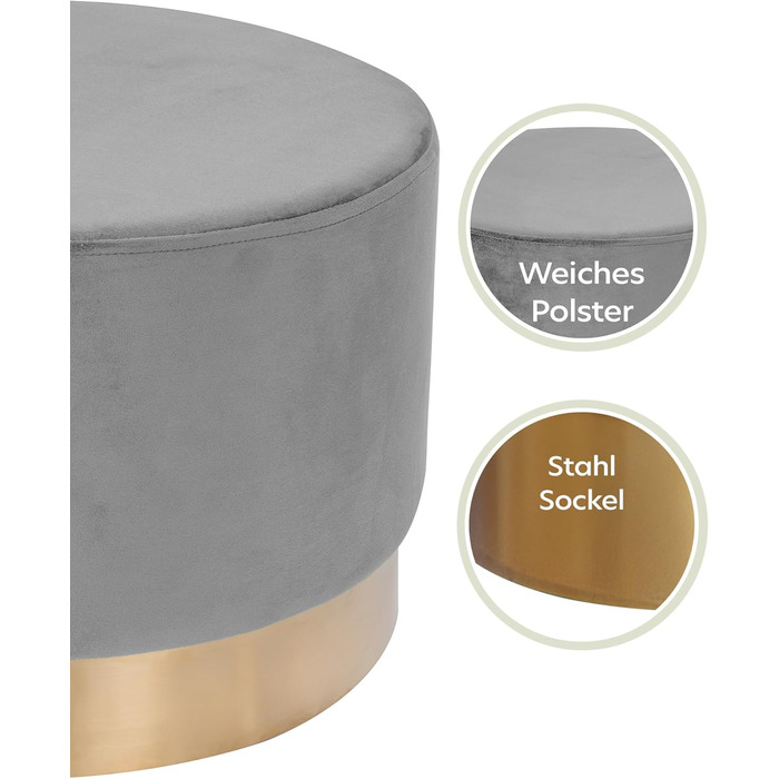 Оксамитовий пуф/туалетний стілець різних розмірів і кольорів із золотою обробкою для вітальні, спальні або гардеробної, великий круглий, колір сірий 300 сірий