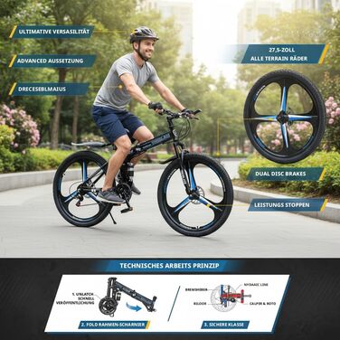 Складаний велосипед LSLIFE 27,5 дюймів, 21 швидкість, професійний кузов, алюмінієва рама, подвійні дискові гальма, передня підвіска, гірський велосипед для чоловіків/жінок, 27,5 дюймів, чорний/синій