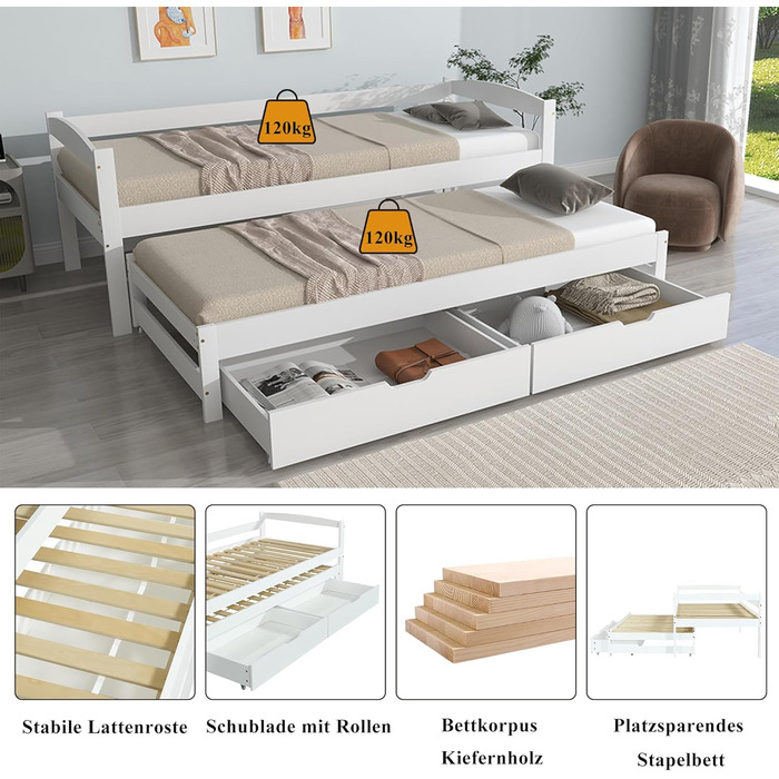 Диван-ліжко Merax 90x200 см, кушетка з 2 шухлядами, дитяче ліжко, функціональне ліжко з рейковою основою, висувне односпальне та двоспальне ліжко, каркас з масиву дерева, для дівчаток та хлопчиків, біле висувне ліжко 90 x 200 см
