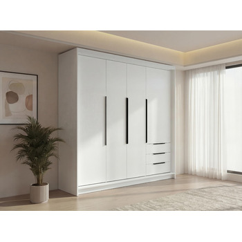 Шафа 4-дверна з 3 шухлядами 200 x 215 см Шафа з відкидними дверима, рейкою для одягу та полицями Білий/Білий/Сірий