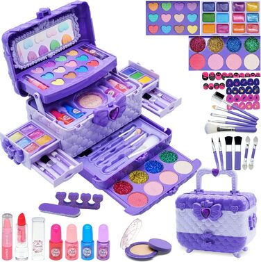 Дитячий набір для макіяжу - Дитячий набір для макіяжу, дитячий футляр для макіяжу для дівчаток, подарунки на Хелловін, Різдво, день народження для дівчаток 4-12 років, фіолетовий Дитячий макіяж для дівчаток, фіолетовий