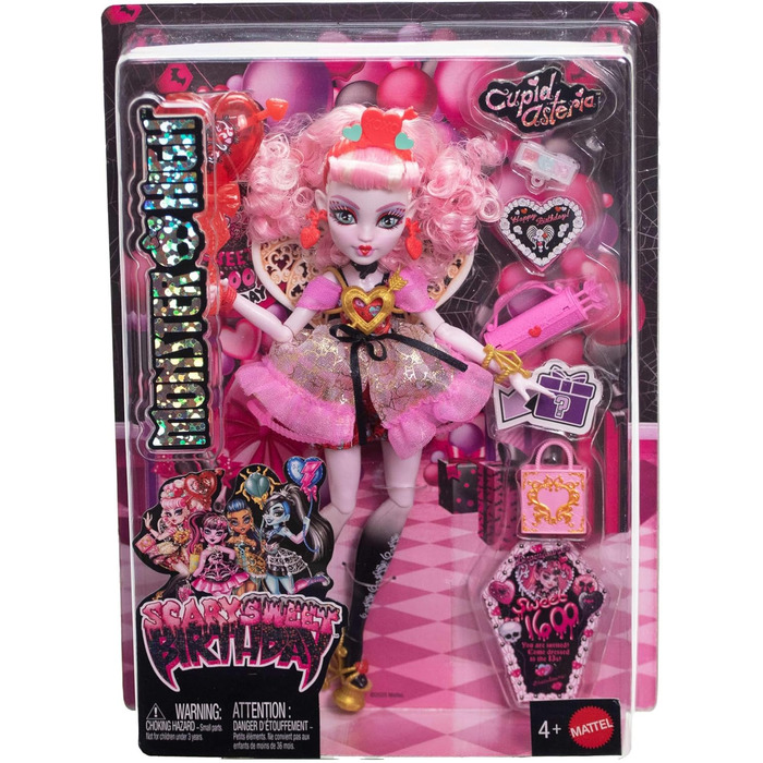 Лялька Monster High Scary Sweet Birthday, Купідон Астерія, у рожево-червоній святковій сукні з тематичними аксесуарами, такими як запрошення, повітряна кулька, подарунок тощо, JBG77 Рожевий/Червоний