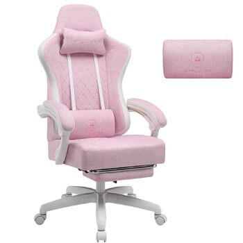 Тканина для ігрового крісла GTPLAYER, ігрове крісло з подушкою-пружиною Pocket Spring, ергономічне поворотне крісло, ігрове крісло з підставкою для ніг, вантажопідйомність 150 кг, рожево-білий