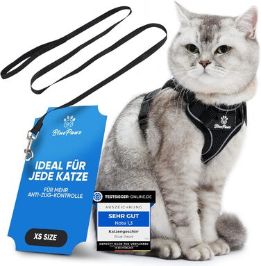 Шлейка для котів Blue Pawz з повідком - 170 см Шлейка для котів, захищена від втечі та високоякісна Повідець зі шлейкою для котів Шлейка для котів для незабутніх моментів (XS), чорна