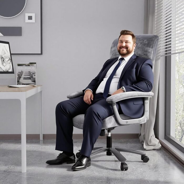 Ергономічне офісне крісло, вантажопідйомність 200 кг, крісло керівника, письмове крісло, м&39яке та зручне широке сидіння XXL, потовщена підкладка, регульована висота, з поперековою опорою, для високих людей, вельветова тканина, сіра вельветова тканина