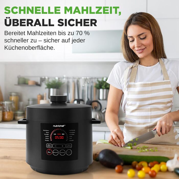 Мультиварка-скороварка NutriChef 5,7 л 9 програм, цифровий тиск-котел, рисоварка та пароварка, чорна