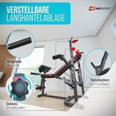 Силова лава Hop-Sport, багатофункціональна складна тренувальна лава зі стійкою для штанги, накладкою для гри в стилі &quotметелик&quot та згинання рук, для силових тренувань вдома, максимальне навантаження 250 кг